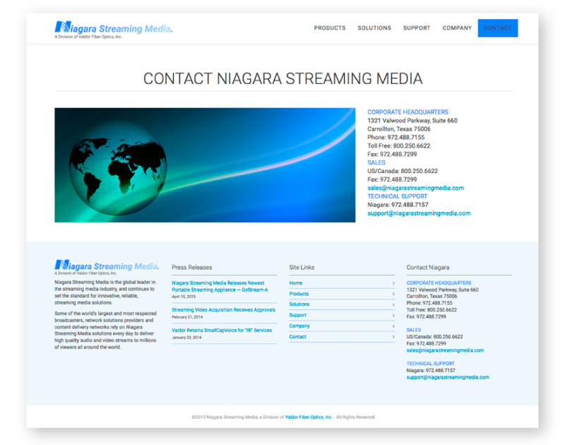 Image of Niagara Streaming Media Website&rsquo;s Contact page