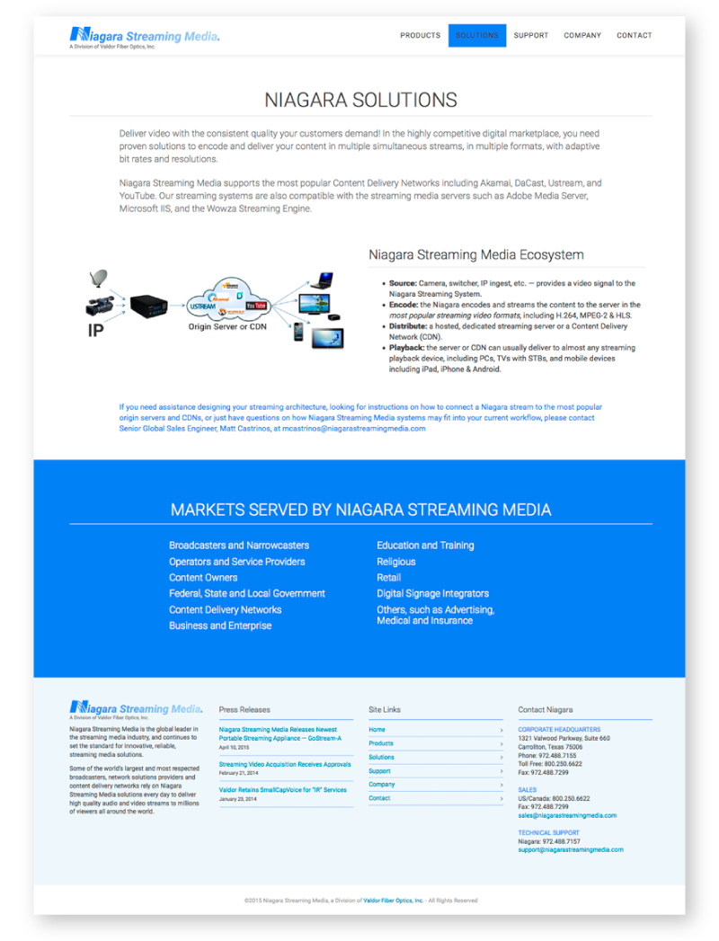Image of Niagara Streaming Media Website&rsquo;s Solutions page
