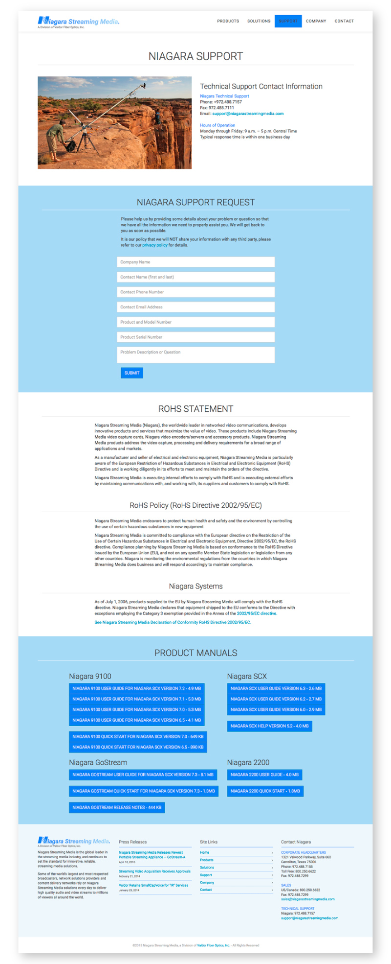 Image of Niagara Streaming Media Website&rsquo;s Support page